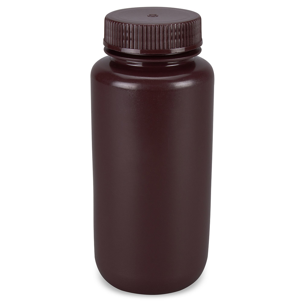 Globe Scientific Bottle, Wide Mouth, Round, Amber HDPE with Amber PP Closure, 500mL, Bulk Packed with Bottles and Caps Bagged Separately, 125/Case Image